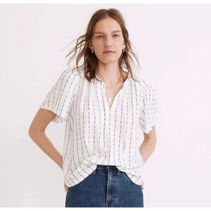 Madewell Tie-Neck Tunic Short Sleeve Black Striped Dot Knit Tunic Top SZ M #2568